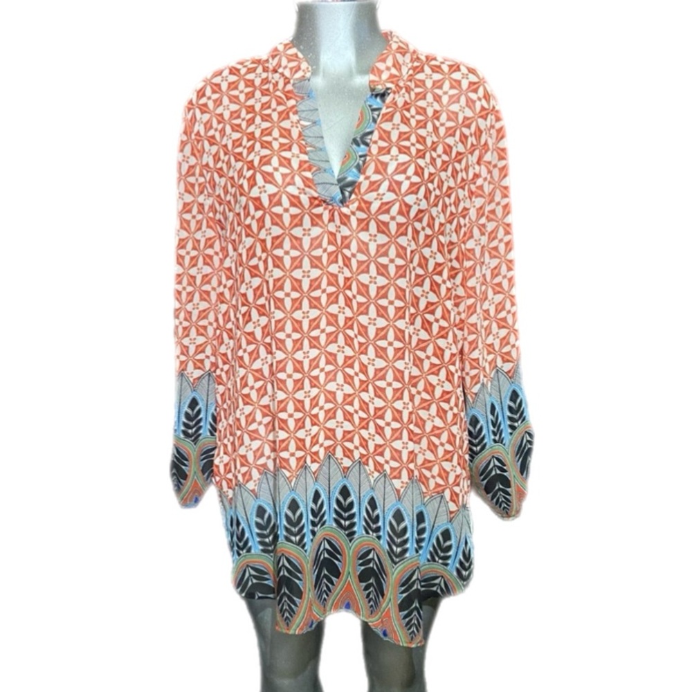 Auditions Colorful Lightweight Bohemian Tassel Tunic Top Plus Size 2XL V Neck